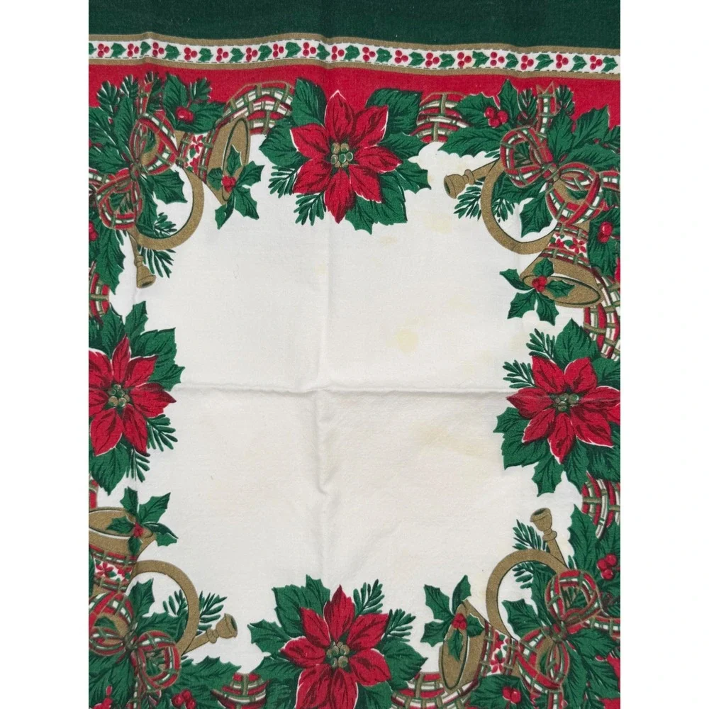 Vintage 90s Christmas‎ Tablecloth and 8 Napkins Set Poinsettia Bells Green Red